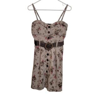 Deb Juniors Floral Dress L Belted Smocked Back Padded Bra Linen/Cotton